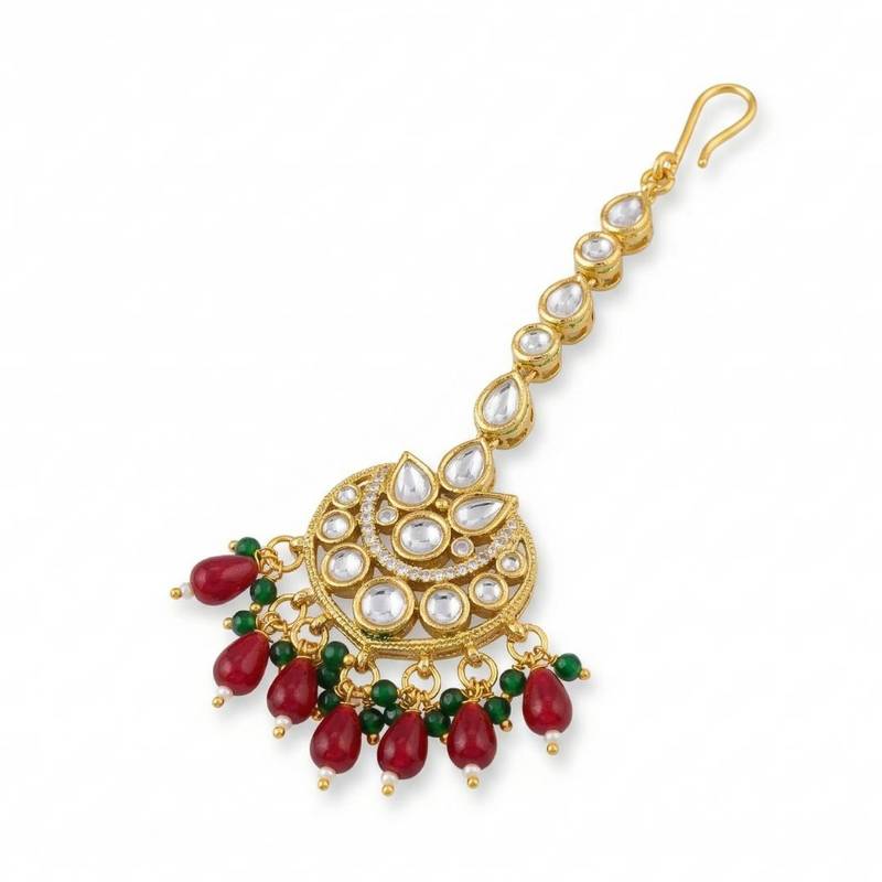 Moissanite Kundan Maangtikka with Green & Red Beads