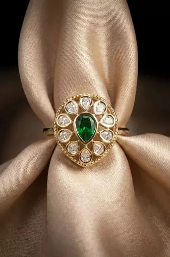 Green Stone Moissanite Kundan Almond Shaped Adjustable Ring