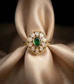 Green Stone Moissanite Kundan Almond Shaped Adjustable Ring