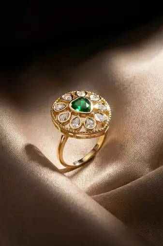 Green Stone Moissanite Kundan Almond Shaped Adjustable Ring