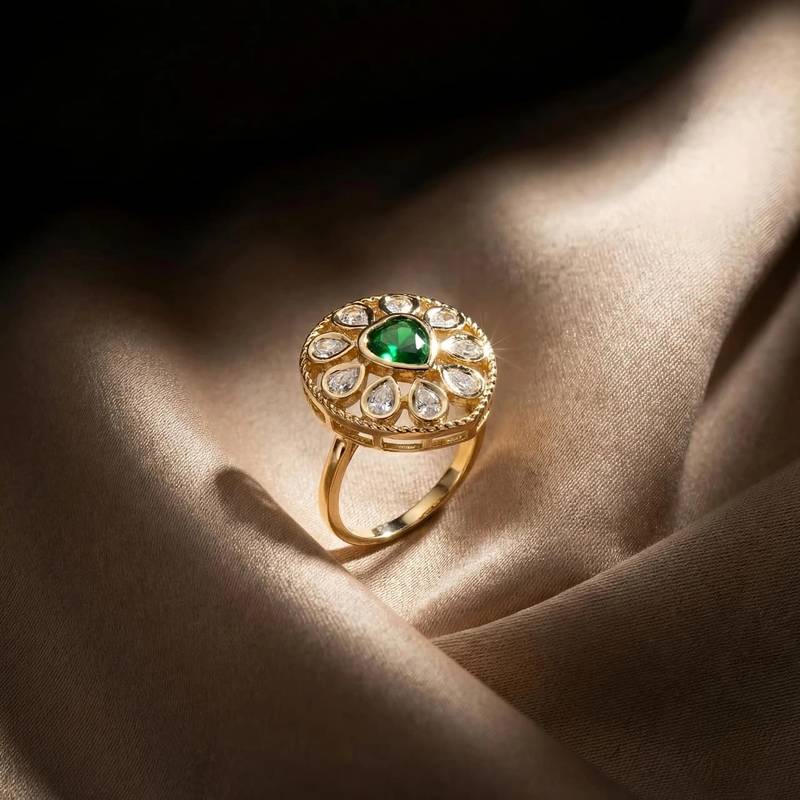 Green Stone Moissanite Kundan Almond Shaped Adjustable Ring