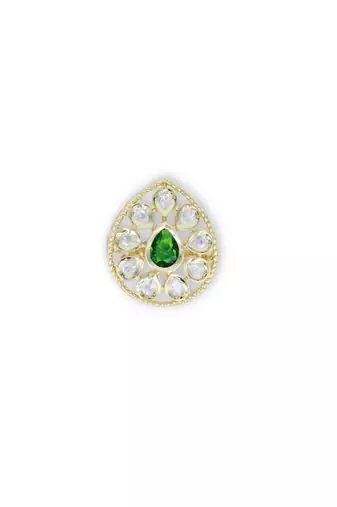 Green Stone Moissanite Kundan Almond Shaped Adjustable Ring