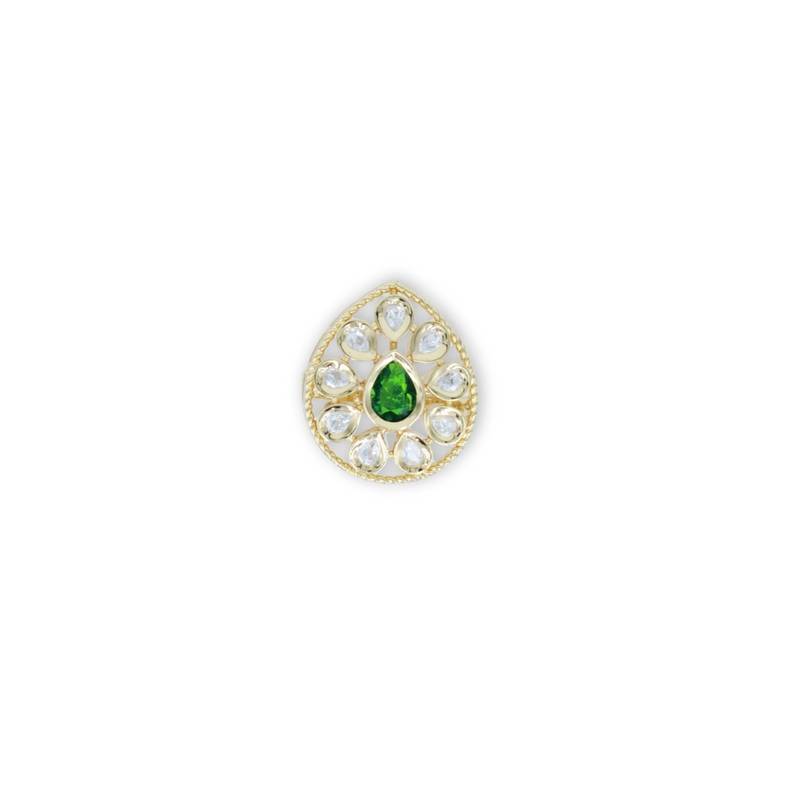 Green Stone Moissanite Kundan Almond Shaped Adjustable Ring