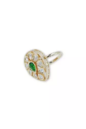 Green Stone Moissanite Kundan Almond Shaped Adjustable Ring