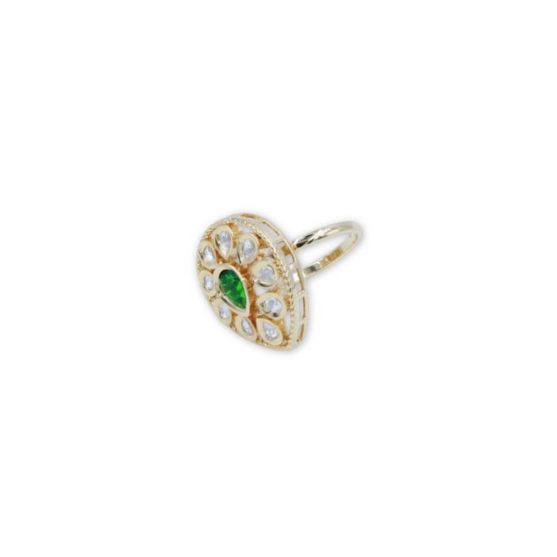 Green Stone Moissanite Kundan Almond Shaped Adjustable Ring