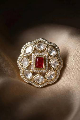 Moissanite Polki Red Stone CZ Adjustable Ring