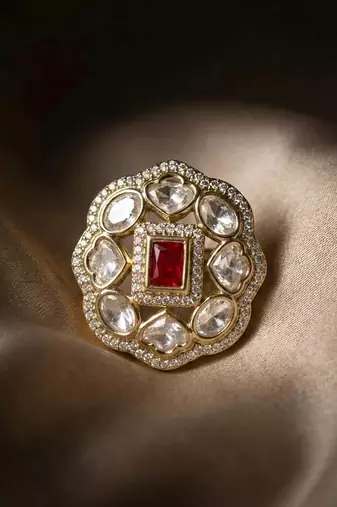 Moissanite Polki Red Stone CZ Adjustable Ring