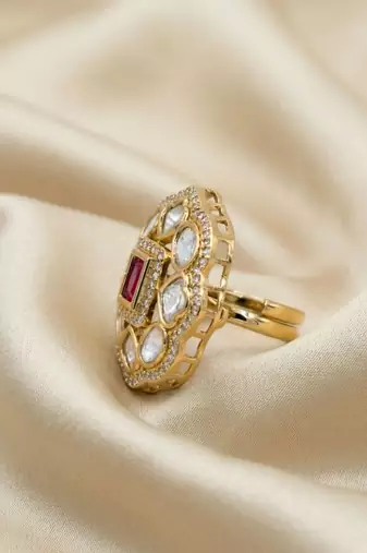 Moissanite Polki Red Stone CZ Adjustable Ring