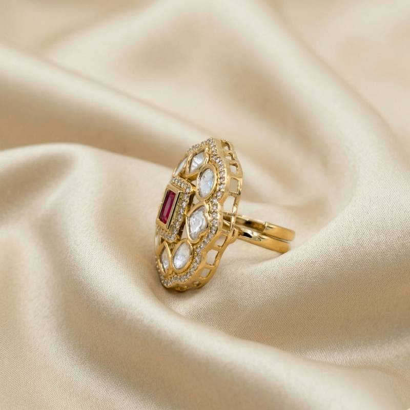 Moissanite Polki Red Stone CZ Adjustable Ring