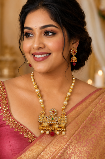 Temple Pearl Fringe Necklace Set
