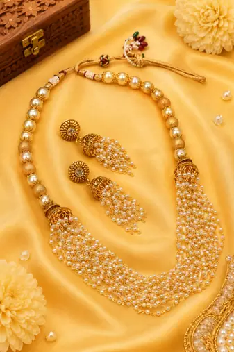 Golden Pearl Mesh Necklace Set