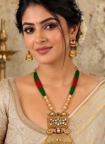 Traditional Red Green Beaded Heritage Necklace