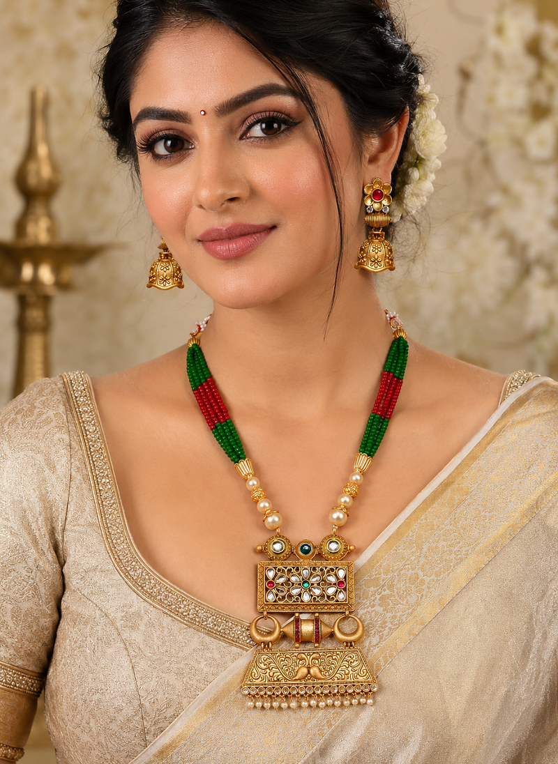 Traditional Red Green Beaded Heritage Necklace