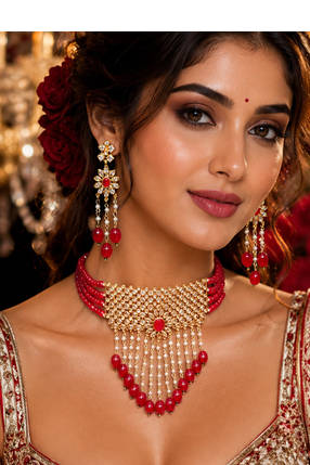 Gold Plated Glossy Red Beaded Choker Set 1