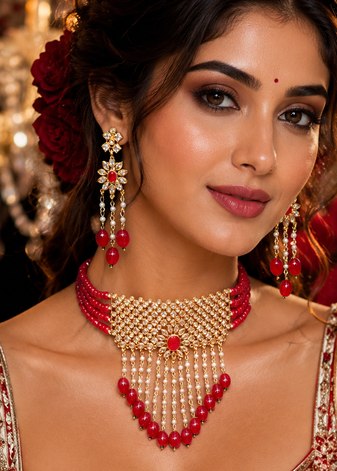 Gold Plated Glossy Red Beaded Choker Set
