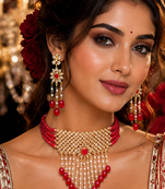 Gold Plated Glossy Red Beaded Choker Set