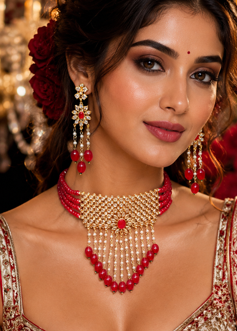 Gold Plated Glossy Red Beaded Choker Set