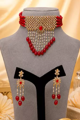 Gold Plated Glossy Red Beaded Choker Set