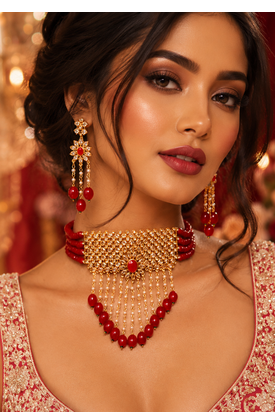 Gold Plated Glossy Red Beaded Choker Set 3