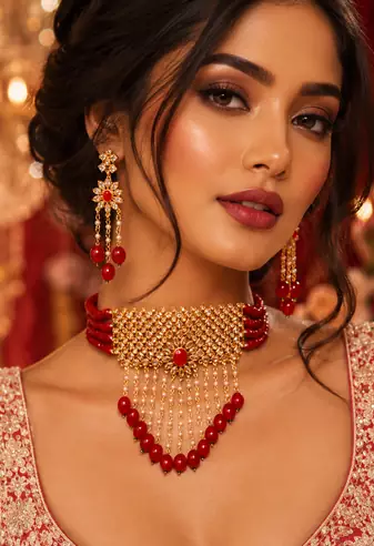 Gold Plated Glossy Red Beaded Choker Set