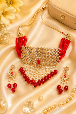 Gold Plated Glossy Red Beaded Choker Set 4