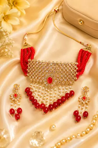 Gold Plated Glossy Red Beaded Choker Set