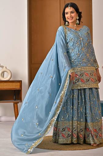 Sky  blue silk blend embroidered sharara set