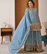Sky  blue silk blend embroidered sharara set