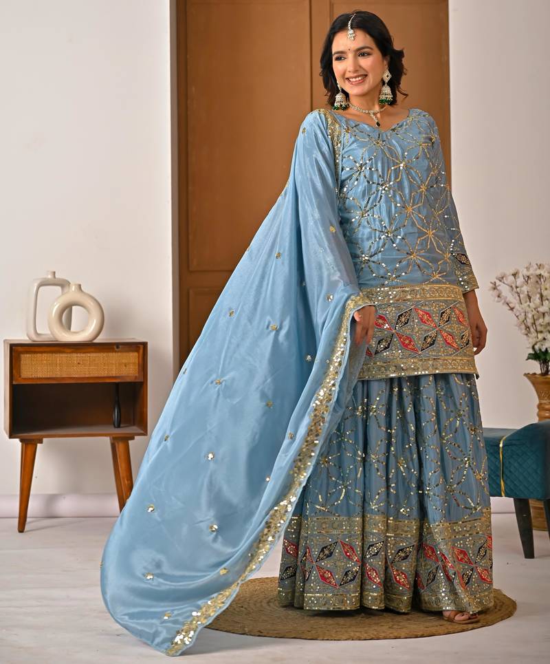 Sky  blue silk blend embroidered sharara set
