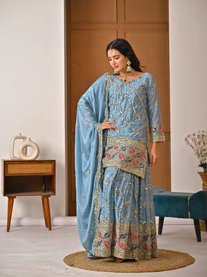 Sky  blue silk blend embroidered sharara set 3