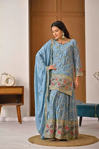 Sky  blue silk blend embroidered sharara set