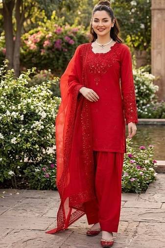 Red crepe embroidered palazzo set