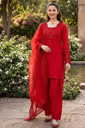 Red crepe embroidered palazzo set