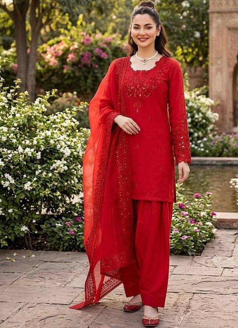 Red crepe embroidered palazzo set