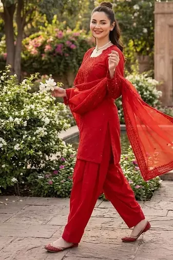 Red crepe embroidered palazzo set