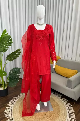 Red crepe embroidered palazzo set