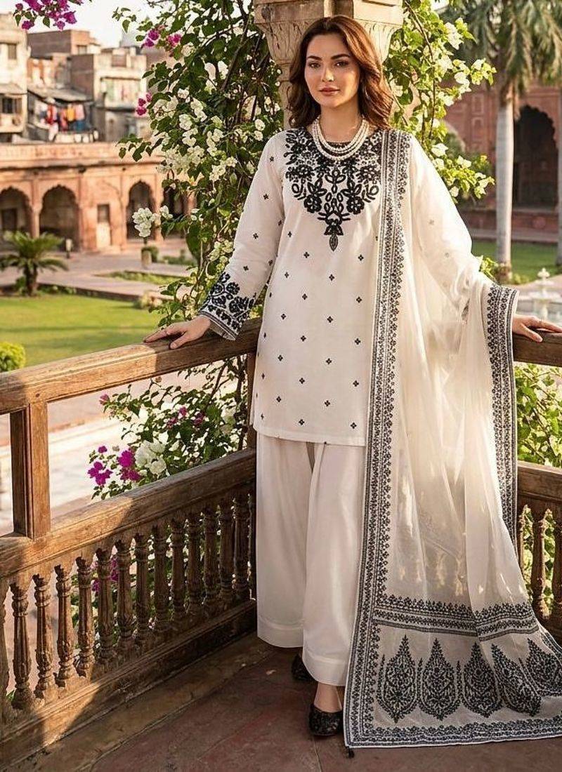Cream crepe embroidered farshi salwar set