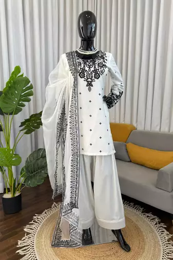 Cream crepe embroidered farshi salwar set