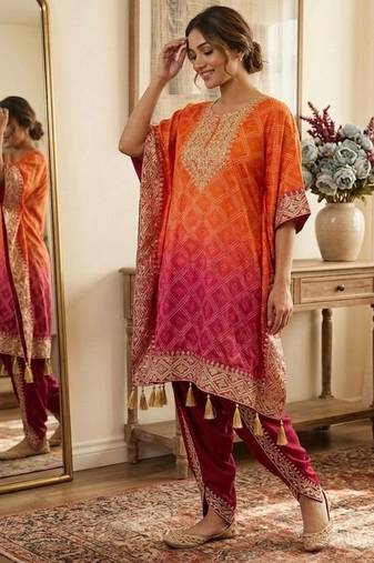 Orange silk blend embroidered kaftan set