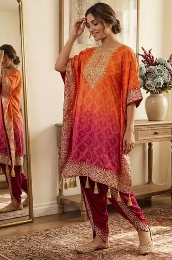 Orange silk blend embroidered kaftan set