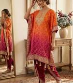 Orange silk blend embroidered kaftan set