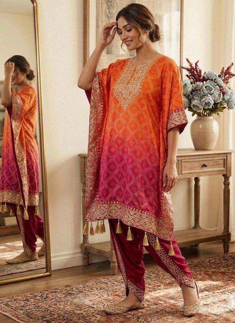 Orange silk blend embroidered kaftan set
