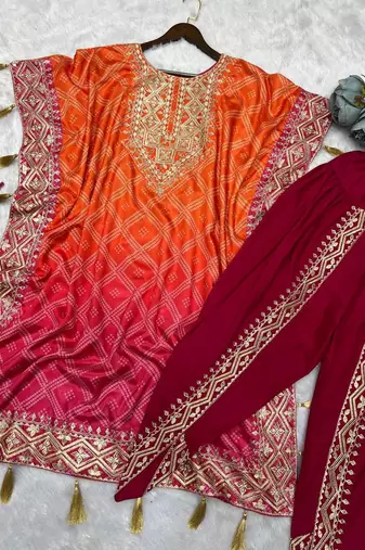 Orange silk blend embroidered kaftan set