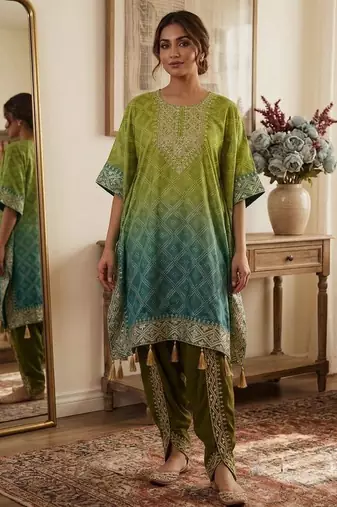 Green silk blend embroidered kaftan set