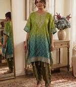 Green silk blend embroidered kaftan set