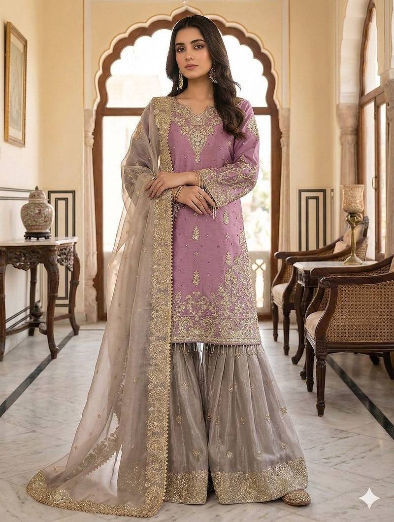 Purple silk blend embroidered sharara set
