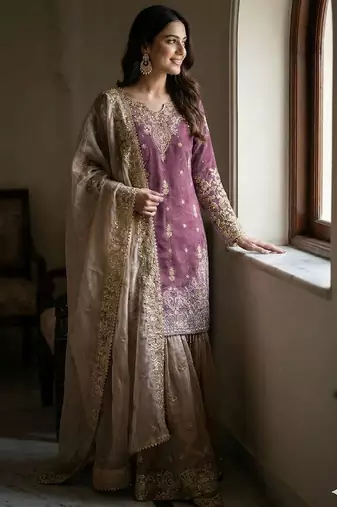Purple silk blend embroidered sharara set