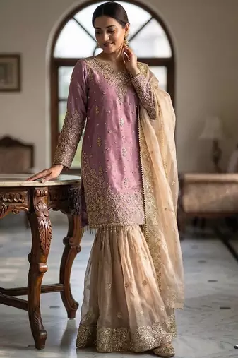 Purple silk blend embroidered sharara set