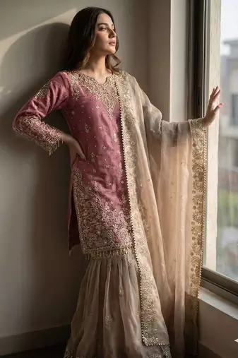 Purple silk blend embroidered sharara set