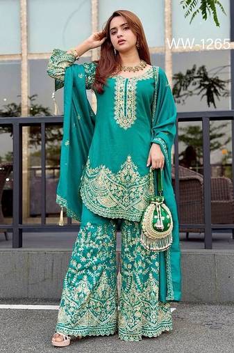Teal silk blend embroidered sharara set